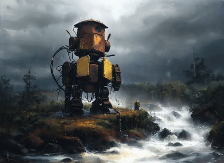 (Masterpiece), artwork, a picture of a rusty robot, sitting  in a dark wood, rain, water, best quality, ultra high res, cinematic lighting, glorious, spectacular, dslr, ultra quality, sharp focus, tack sharp, dof, film grain, technicolor, Fujifilm XT3, photorealistic, 8K UHD, John Berkey Style, <lora:ssta:0.8> ssta, <lora:tbh102-sdxl:0.8> style of Andreas Achenbach