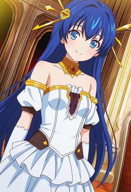 general,highres, ultra-detailed,very aesthetic,best quality ,best hands,best eyes,easynegative,
dynamic anglre, dutch angle, anime cloring,anime screencap,
1girl solo,looking at viewer,castle,indoors,smile,
Lia Parapara Leazas,blue hair,long hair,blue eyes,small breasts,short body,hair ornaments,bare shoulders dress,gloves,