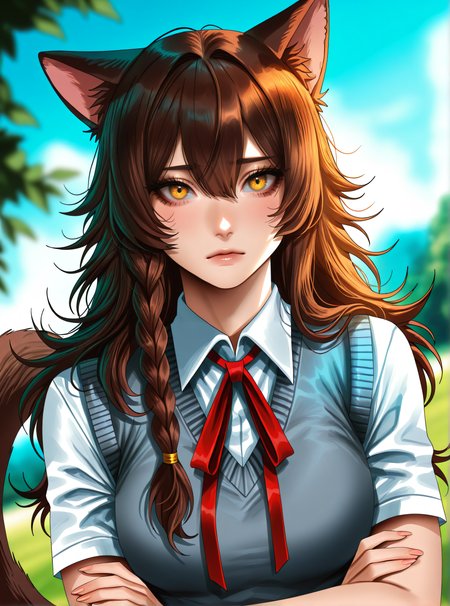 by j.k:0.6, by hoshi san 3:0.1,artist:Sakimichan:0.5, 1girl, solo,uvao_es, brown hair, yellow eyes, long hair, messy hair, side braid,tail,grey sweater vest, collared shirt, neck ribbon, animal ears, upper body, arms crossed, outdoors, emotionless, looking at viewer, (masterpiece), depth of field, (best quality), (ultra-detailed), amazing quality, very aesthetic, illustration, dynamic compostion,dutch angle, perfect composition, absolutely eye cathing,  intricate details, absurdres, incredibly absurdres,   <lora:UVAO_ES_IL_v1:0.7>