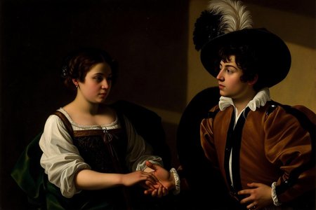 carava1 painting. The painting depicts a young man and a woman dressed in Renaissance baroque clothing clothing. The woman is holding the the young man's hand, touching his palm. The young man is richely dressed in Renaissance baroque clothing clothing, with a feather wide-brimmed hat. <lora:carava1_cap_d6a3e11:1.0><lora:828388364345620421:0>