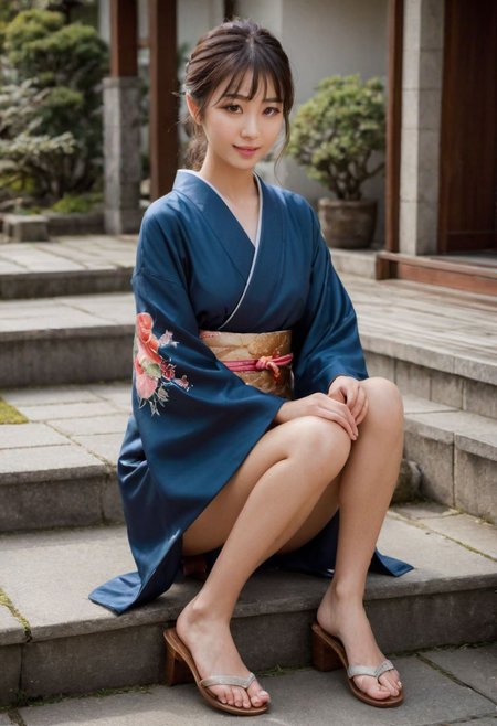(Legs Close up photo:1.31),(white laced small panty:1.),(sitting on ground :1.2),(on steps by house:1.),(beautiful real texture :1.3),smile face:1,(royal),10k,(real skin texture:1.3),high resolution,(one 32 years old elegant Japanese slender woman wearing in long colored kimono:1.431),(163cm tall:1),(sandals:1.2),(fine wrinkle  :1.),(detailed innocent girls face:1.),(symmetrical eyes:1.1),(black small eyes:1),(small single chignon:1),( at front of Japanese modern house:1.1)