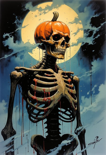 An ethereal sketch using lineart techniques and wet on wet painting of jack skeleton, wearing a pumpkin head. His face lights up within the darkness and fog surrounding him, creating a surreal and spooky effect, reminiscent of Halloween. An upper body portrait, with dark lighting accentuating the creepiness of the atmosphere.