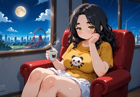IllusP0s, PonyScores7, source_anime, ah1, IllustriousQual, interesting, exciting, spectacular, wonderful, 
BREAK <lora:xl_more_art-full_v1:0.2>, <lora:aesthetic_anime_v1s:0.2>, <lora:EpicF4nta5yXL:0.2>, <lora:detailxl:0.2>, detailxl, <lora:Fant5yP0ny:0.2>, amazing quality, best aesthetic, absurdres, illustration, Volumetric_Lighting, ultra-detailed, very aesthetic, intricate details, best_quality
BREAK ((sitting back in a cozy armchair, with a warm cup of coffee in hand, and a soft blanket draped over the legs while listening to rain patter against the window)),
BREAK Stable_Yogis_PDXL_Positives, AS-Adult, <lora:Complicated fantasy portrait - XL Pony V2.0:0.2>, bad-hands-5, <lora:HDA_Detailer:0.3>, <lora:natsumi_style:0.5>, <lora:by_usakun-pony:0.4>, by usakun, <lora:Akina_Bbw_Style_-_PonyXL:0.2>, AkinBw, ((bust chart)),
BREAK 1girl, mature female, (curvy), round-chin, caucasian, <lora:ETO_OC_Illustrius:0.5>, eto_oc, skindentation, (plump), thick thighs, wide hips, busty, voluptuous, <lora:venus body PonyXL:0.3>, <lora:shinyskin2:0.2>, glistening skin, HDA_FatGirlXL, 
BREAK ((<lora:FlushedEmojiShirt_pdxl_Incrs_v1:0.8>, yellow shirt, blush, t-shirt, large breasts, holding)),
BREAK (curly hair), long hair, (black hair:1.4), (parted hair:1.7), messy hair, kinky curls, <lora:hairdetailpxl:0.2>, hairdetailpxl,
BREAK (half green and brown eyes), (colorful eyes), (multicolored eyes), (downturned eyes:1.4), <lora:expressive eyes:0.2>, expressive eyes, <lora:eyedetailpxl:0.2>, eyedetailpxl, <lora:Eyes_High_Definition:0.2>, EyesHD, (round face:1.2), (thick eyebrows:1.3), (plump face), <lora:Round_face:0.2>, lips, 
BREAK ((bored expression, resting head on hand, half-closed eyes expression)), <lora:Expressive_H:0.2>, Expressiveh, <lora:Emotional_Anime_Expressions_PonyXL_Concept:0.2>, emotional, <lora:Best_Facial_Expression_LoRA_PONY:0.2>, looking at viewer, <lora:Detailed expressive EXEV style -XL Pony V1.0:0.2>, FaceDetail,
BREAK (((moonlit Roller Coaster in a Amusement Park, a massive roller coaster silhouetted against a full moon, its tracks glistening with dew, The atmosphere is thrilling yet serene, with the only sound being the gentle rustle of leaves))), <lora:Background Detailer - SDXL:0.8>, 4k, 8k, Ultra HD, Masterpiece, Best quality, Detailed background, <lora:Add_more_details_V2_XLpony:0.4> full_details,