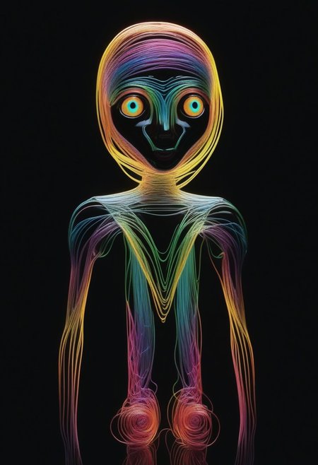 high quality, high resolution, extremely detailed, no humans, made of,tiny neon glass filaments,w0gf1l, stained glass, black background