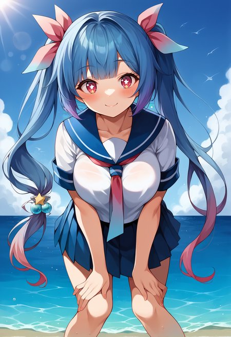 score_9, score_7_up, hd, (ultra hd quality details), source_anime, outdoors, ocean,
solo, 1girl, kciku, gradient hair, tri tails, twintails, long hair, hair ornament, hair ribbon, large breasts, star-shaped pupils,
school uniform, short sleeves, gradient neckerchief, blue skirt, pleated skirt,
looking at viewer, blush, smile,
leaning forward, standing,
<lora:_i-19-elesico-pony:1>