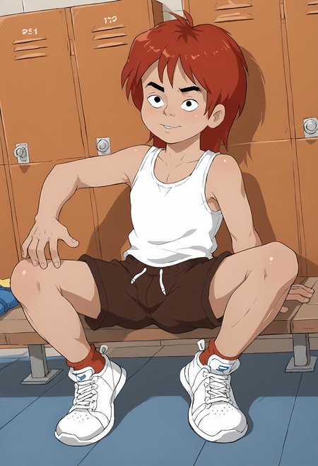 score_9, score_8up, score_7up, score_6up, score_5up, score_4up, dynamic angle, dutch angle, locker room, source_cartoon, rating_safe, BREAK
solo, male, cro_magnon, red hair, black eyes, white tank top, shorts, sneakers, BREAK
 <lora:Cro_the_Cro-Magnon_-_Cro_-_PDXL:.8>, <lora:Anti_Dev_Style_PonySDXL:.6> antidev <lora:Hotcha:.6> hotcha <lora:Rayray_Sparkling_Bunny_Style:.6>