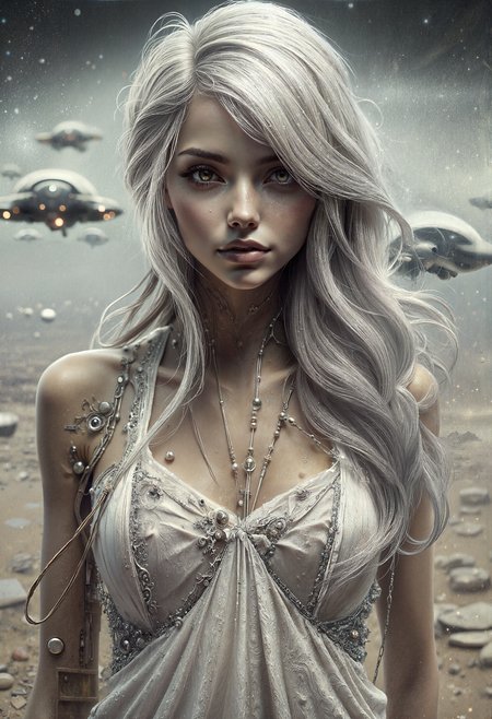 The technological autobot hovering above the desolate planet captures a stunning image of an Iranian woman, who stands proudly with a side-swept fringe of white hair cascading down her oval-shaped face. The detailed skin is depicted with natural imperfections, including freckles, and a subtle natural makeup enhances her double eyelid eyes, which have the rare trait of heterochromia. The fog and mist light create a cinematic mood, with the professional photo perfectly balanced in exposure and composition. The bohemian dress she wears adds a touch of whimsy, while the adjusting hair pose conveys a sense of movement and storytelling elements. The resulting image is visually striking, with a depth of emotion and mood that feels like a still frame from a film.