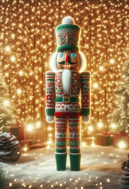 (nutcracker, toy soldier), (cute, glowing:1.3), (christmas_sweater on, intricate, (blur Eyes, hat, boots, gloves, belt, highly detailed, high contrast, film grain:0.8),  wooden, (full body, christmas lights, forest background:1.23), safe_pos
