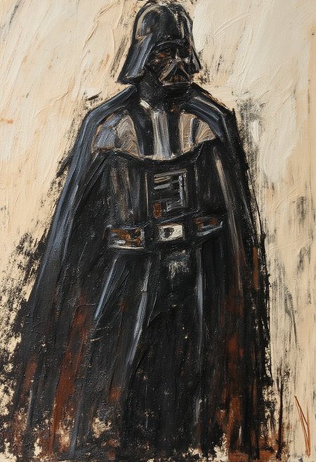 messy, thick paint texture 3d impasto, abstract darth vader painting. Creamy thick impasto painterly. High contrast, gritty and moody. Expressionist painting by artist Helmer Osslund, with expressive brushstrokes. Dark contrast.
