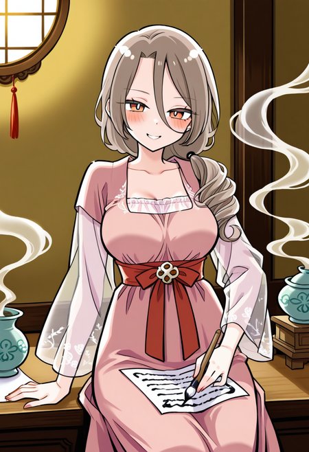 1girl, solo, shino sakisaki, mom, long hair, brown hair, hair between eyes, brown eyes, gradient eyes, red eyes, looking at viewer, low ponytail,
silk hanfu robe with embroidered phoenix design, transparent outer sleeves, jade waist ornament, cowboy shot, placing calligraphy brush onto paper, surrounded by old scrolls, incense smoke curling around, traditional study interior, warm gold ambient lighting
 <lora:Character_Shino Sakisaki Mom:1>
