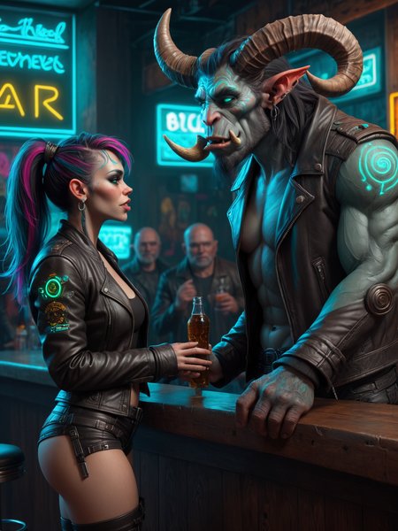 tall troll_man, horns and tusks, wearing leather jacket, talking to short human_woman at a bar, leather clothes, (cyberpunk:1.2), teal, neon signs <lora:Neon_Cyberpunk_SDXL_-_Trolls:0.8>, (masterpiece:1.2), best quality, (hyperdetailed, highest detailed:1.2), high resolution textures