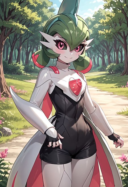 score_4,score_5,score_6,score_7_up,score_8_up,score_9 ((masterpiece,best quality,ultra detailed,highres,HD,4k:1.2)), 
1 girl,solo,face focus,
((ironvaliantsv,pokemon (creature), solo,colored skin, white skin:1.2)),
green hair,low twintails,pink eyes,colored sclera,
cape,shirt,sleeveress shirt,fingerless gloves,shorts,black shorts,jewelry,
outdoors,in the forest,day,
standing,
smile,.blush,light smile,