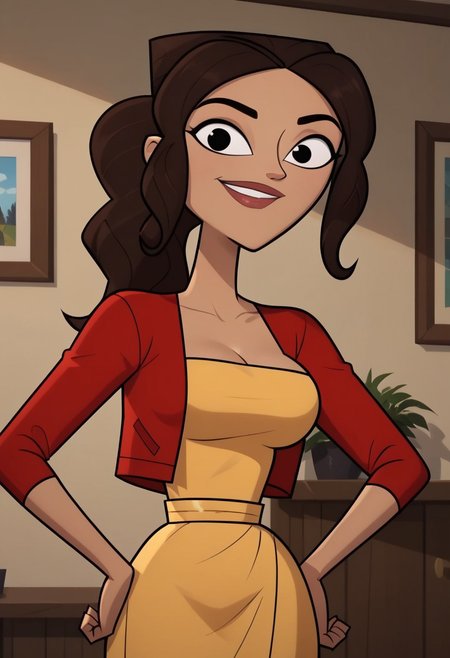 ((room background)),score_9, score_8_up, score_7_up,score_6_up, 
1girl, solo, Riya_DC, light brown skin, black eyes, long hair, dark brown hair, voluminous wavy hair, hairstyle ponytail, yellow fitted dress, red long sleeve cropped jacket, red strappy sandals, big eyes, cute, tall stature, social smile, perfect eyes, perfect smile, looking at the viewer, detailed eyes, perfect eyes, standing, big breasts (front pose, front view, bust shot) five fingers, perfect hands, hands on hips