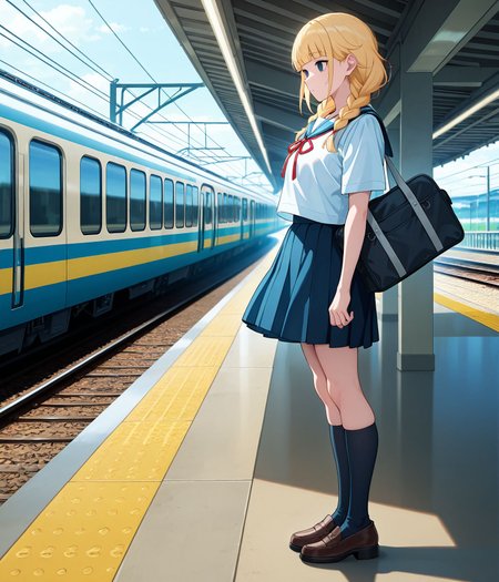 masterpiece,best quality,amazing quality,very aesthetic,absurdres,newest, huge filesize, 
<lora:spo_sdxl_10ep_4k-data_lora_webui:0.5>,anime screenshot, 2d anime,anime coloring, 
<lora:add-detail-xl:1>  
<lora:Paripi_Koumei_V1:0.8> 
train station,  full body,  outdoors, standing in Platform,railing,  looking at  train,from side, bag, 
Paripi_KoumeiV1,
1girl, 
blonde hair,school uniform,
braid,twin braids,bangs,
long hair,upper body,
serafuku,red ribbon,
closed mouth,empty eyes,
ribbon,sailor collar,
blunt bangs,expressionless,
neck ribbon,
p_eiko_serahuku,