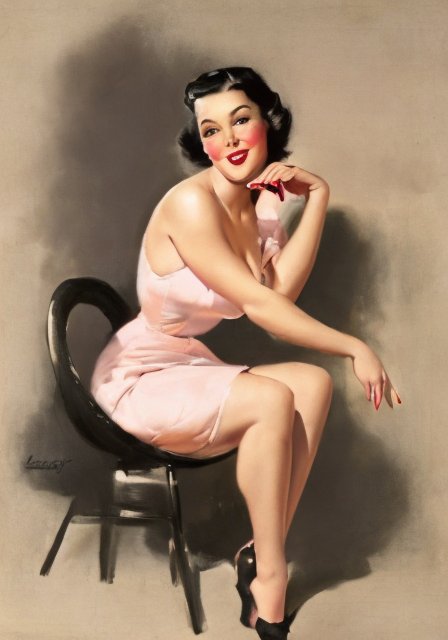 drawing of a sexy and sensual woman, pinup, pink dress, black hair, perfect eyes, sitting on the edge of a chair, looking at the camera <lora:pinup_v3.0-000003:1>