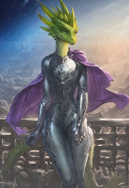 score_9, score_8_up, score_7_up, source_cartoon, SFW, ((anthropomorphic dragon)), female, source_furry, ((Oneprostethicarmright, prosthetic right forearm)):1.4, (1woman, anthro dragon), (((bright green scales, two toned green body scales, glossy scales))), purple irises, extremely detailed, large nostrils, full seductive lower lip,  extremely detailed, ((very large head fins)):1.3, (((one tall blue head spike, yellow back spikes))), detailed body scales, strong athletic body, small athletic breasts, toned arms, toned legs, long tail, feminine body, extreme detailed, thin waist, wide hips, (((silver plugsuit))), sci-fi, Parted lips, seductive expression, outside, resting against railing, sunny day, ((masterpiece)) (dynamic lighting:1.1) ((masterpiece)) godrays , (dynamic battle), (action pose) (explosions in the background), holding a Katana, very heroic, wearing purple cape on her back, space station, battlefield, white and silver plugsuit, detailed sci-fi background, extreme detailed, ( (dynamic lighting:1.1) ((masterpiece)) (dynamic lighting:1.1) ((masterpiece)) godrays, (highly detailed:1.2), (intricate:1.2), (best quality:1.2),(8k:1.2), (sharp:1.2), (majestic:1.2), natural lighting, detail++,