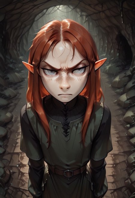 1person, solo, Lapanya, Malgha, freckles, pointy ears, Long-sleeve black shirt, green tunic, high angle, annoyed expression, glaring upward,
Underground, organic cavern,
Masterpiece, high quality, highly detailed, perfect eyes, detailed freckles,