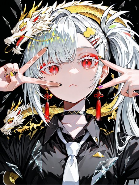 tcs,1girl,solo,white hair,long hair,side ponytail,red eyes,asymmetrical bangs,expressionless,jitome,red eyeshadow,colored eyelashes,:<,hairclip,tassel earrings,choker,collared shirt,black shirt,white necktie,jewelry,nail polish,multicolored nails,v over eye,looking at viewer,broken glass,glass shards,glass strips,refraction,colorful refraction,shadow,eastern dragon,overexposure,halftone,black background,masterpiece,best quality,newest,absurdres,highres,very awa,<lora:tcs_style_v2_ilxl_lokr:1>,