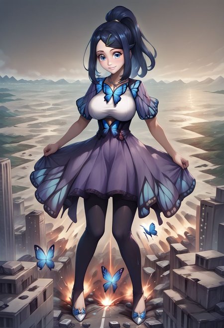 score_9, score_8_up, score_9_up, masterpiece, high quality, highly detailed, clean face, 1woman, 1girl, solo, shiny skin, soft focus, ray tracing, (ultradetailed background), (detailed face:1.2), ultradetailed face, source_anime, BREAK 1girl, best quality, liko \(pokemon\), blue hair, blue eyes, hair clip, ponytail, leggings, textured leggings, black legging, full black tights, necklace jewelry, pink high heels, blue butterfly dress, long purple skirt, long purple gown, big breasts, laying back position, giantess full body shots, giantess, giant, goddess, size difference, slight smile, blushing, growing even bigger, getting even bigger, towering giantess, long legs, perfect arms, perfect hands, perfect face, perfect legs, perfect thighs, perfect feet, perfect eyes, divine goddess, divine giantess, city landscape, in the city, giga giantess, destruction, rampage, huge craters, ravines, cracks in the ground, earthquake, smoke, fire, destroyed city, ruins, rubble, debris, crumbling, destroyed buildings, rampage in the city, destruction in the city, destroyed cityscape, New York City, Empire State Building, Central Park