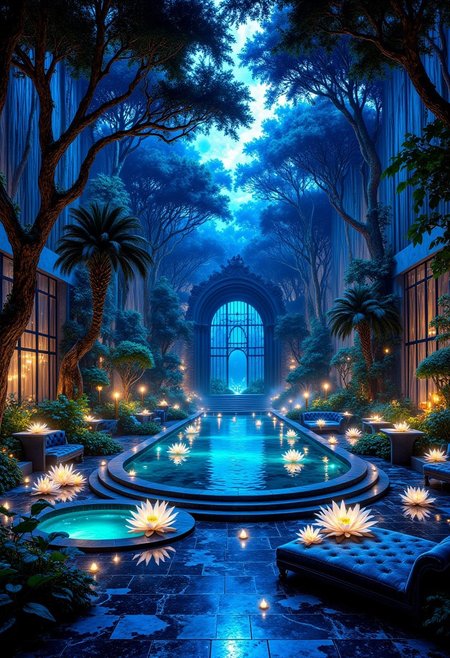Mystic Moonlit Ballroom with Glowing Weeping Trees
A grand ballroom surrounded by a lush, enclosed rainforest, where the moonlight filters through enormous arched windows, reflecting off bioluminescent weeping trees. Their long, ethereal branches shimmer with ghostly blue and purple hues, softly illuminating the midnight-hued marble floor.
At the heart of the room, a circular infinity pool with a misty surface flows endlessly, surrounded by floating white lotus flowers that glow with soft golden light. Delicate mist rises from hidden waterfalls, making the air feel mystical and dreamlike.
The seating features dark sapphire velvet couches, accented with silver embroidery and arranged around low, crystalline tables that emit a subtle ambient glow. Suspended in the air, chandeliers made of glowing jellyfish-like orbs cast a gentle radiance, while soft harp and violin music echoes through the ethereal space.