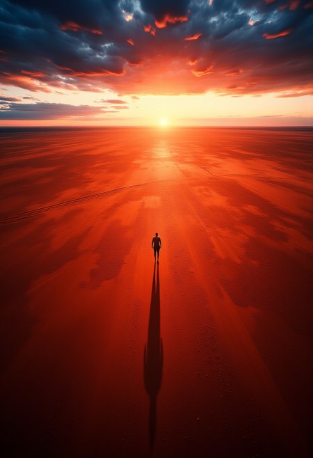 In this stunning aerial view, the vast expanse of the Australian Outback stretches out before you, a seemingly endless sea of red earth and dust. A lone figure, dwarfed by the vastness of the landscape, walks towards a distant horizon, their journey seemingly unending. The warm glow of the setting sun casts long shadows, adding depth and contrast to the image. As the sun dips lower in the sky, the sky transforms from a rich tapestry of orange and pink hues to a canvas of deep blues and purples, painting an awe-inspiring portrait of the Australian wilderness. This photo invites viewers to embark on a journey of discovery, exploring the boundless beauty of this unique and untamed land. , ,<lora:aidmaMJ6.1-FLUX-V0.3.safetensors:1.0> ,