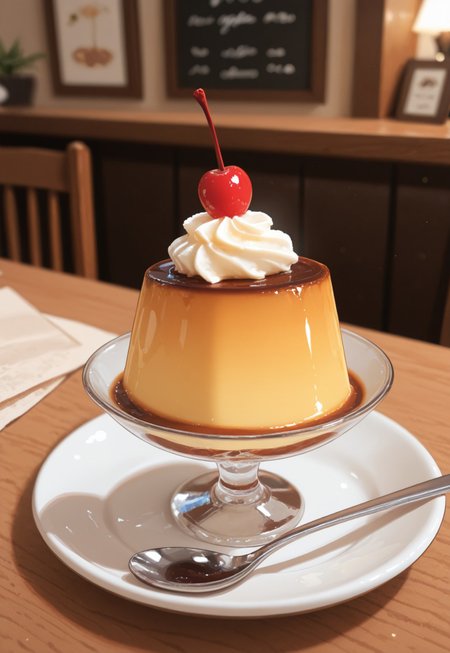 masterwork, masterpiece, best quality, very aesthetic, absurdres, newest, huge filesize, hires, highres, supper fine illustration, very awa, detailed, hdr, blurry background, anime screenshot, 
food focus, no humans, 
retroprin, pudding, spoon, cherry, whipped cream, syrup, still life, shadows, cafe background, coffee, paper napkin, 
japanese cafe, "kissaten", , ambient lighting, wood texture, minimalist decor, cozy, modern, branded menu boards, 