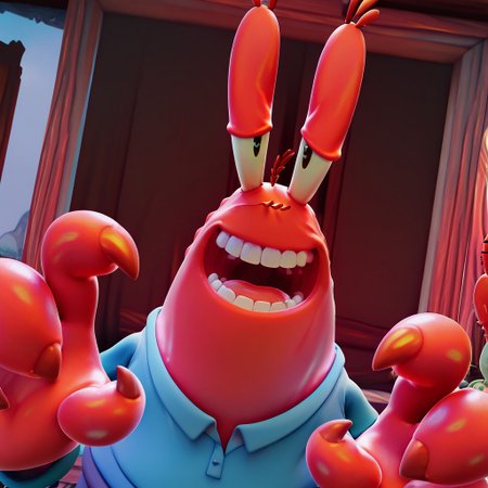 masterpiece, best quality, amazing quality, Mr_krabs, red skin, claws, blue shirt, , Male, good shading, face focus, looking at viewer, grin, smile,  open mouth, scream, teeth, 3d