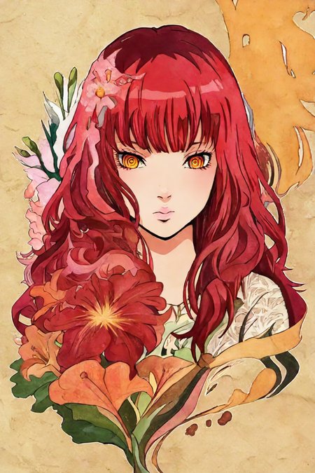 score_9, score_8_up, score_7_up, score_6_up, score_5_up, score_4_up,   <lora:mak1ma0XL_Pony_v1:0.8> , mak1ma0, red hair, long hair, ringed eyes, <lora:Nujabes_cover_style-000013:1>,1girl, alone, solo, nujabes_cover_style, painting , floral element, organic pattern, masterpiece, highres
