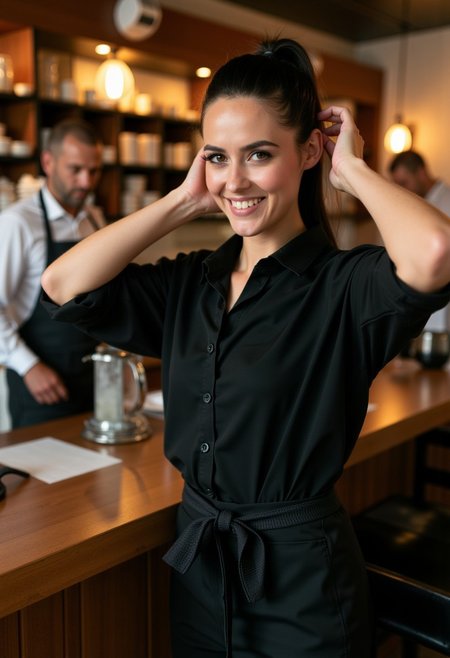 A slender woman in her early 20s, with a pixie cut and a playful smirk on her face. She is wearing a black collared button-up shirt with the sleeves rolled up to her elbows, tucked into fitted high-waisted black trousers. A black half-apron is tied snugly around her waist, with a towel tucked into the side. She's finishing tying her long, dark hair back into a sleek ponytail. Her makeup is simple and natural, with a touch of mascara and a swipe of tinted lip balm. She's standing behind a busy counter, surrounded by the bustling atmosphere of a cozy, rustic-chic bistro. perfection style,  herbstphoto,