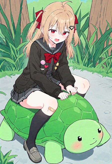 masterpiece, best quality, aumann, sincos, 1girl, evil neuro-sama, red eyes, light brown hair, ahoge, two side up, hair ribbon, dark red ribbon, heart hair ornament, black cardigan, open cardigan, black sailor collar, long sleeves, red bow, heart, button badge, star \(symbol\), drone, the number "1" on a badge, turtle, black skirt, pleated skirt, asymmetrical legwear, black thighhighs, black kneehighs, bandaid on knee, grey footwear, loafers, riding turtle <lora:neurosama_animaginexl_3:0.7>, outdoors