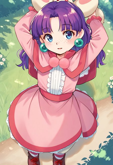score_9, score_8_up, score_7_up, best quality, uncensored, source_anime, BREAK
1girl, solo, sue(grandia), purple hair, medium hair, hair ribbon, blue eyes, green earrings, freckles, capelet, pink dress, sue(grandia) outfit, striped socks, brown shoes,
:<, from above, arms up, outdoors, 
<lora:sdxl_lightning_8step_lora:1>  <lora:sue(grandia)_XL(pony):1>