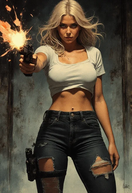 Female karolineleavitt her huge tits. Perfect nipples. half naked.breasts are visible sticking out of the torn t-shirt, karolineleavitt wearing ripped, oil-stained jeans. Her arms on pistols are very realistic.  she is shooting her pistol gun at an enemy outside of the frame chasing after her, empty bullet casting flying in the air, tracer bullets are whizzing by her, but she stands firm and resolute as the flame from gunfire is casting lights and shadows adding a dramatic sense to the scene, epic battle, night time. Cyber punk backfround. Very detailed.ark night, intricate, highly detailed, watercolor anime style. Dystopian, shades of gray with highlight colors. Angled, legs apart, pointing gun at camera. Extreme perspective. Action pose with gun. Cinematic action style. <lora:RetroAnimeFluxV1:0.7> <lora:Mezzotint_Artstyle_for_Flux_-_by_Ethanar:0.6> <lora:Karoline_Leavitt_FLUX:1.3> <lora:CPA:0.6>