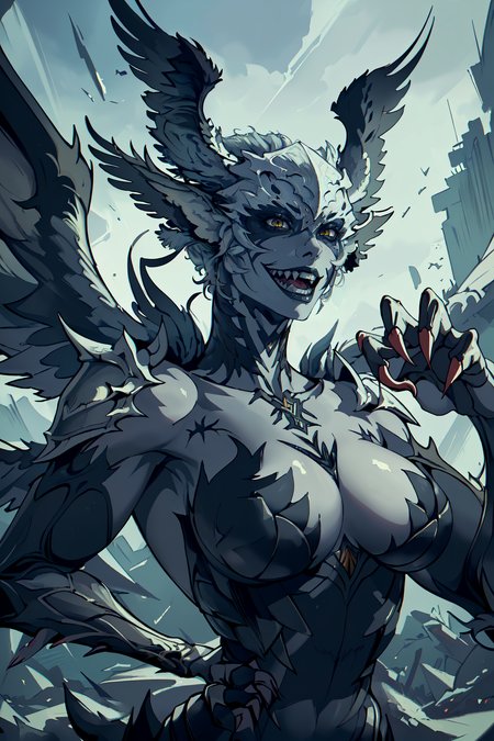 (masterpiece,best quality,absurdres,beautiful,sharp,detailed),outside,upper body,claws,sharp teeth,cinematic angle,1girl,garudaxvi,monster girl, head wings  <lora:FF_Garuda-DEF:0.7>