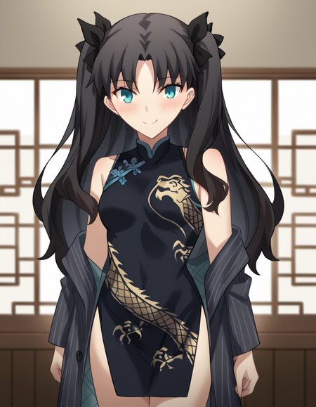 score_9, score_8_up, score_7_up, source_anime, rintohsaka, <lora:rin-tohsaka-ubw-ponyxl-lora-nochekaiser:1>, rin tohsaka, aqua eyes, black hair, hair ribbon, long hair, ribbon, sidelocks, two side up, parted bangs,, <lora:blue-archive-kisaki-cosplay-ponyxl-lora-nochekaiser:1>, blue archive kisaki cosplay, kisaki (blue archive) (cosplay), dragon print, china dress, print dress, chinese clothes, pinstripe jacket, sleeveless turtleneck dress, cosplay, vertical-striped jacket, pinstripe pattern, pelvic curtain, striped coat, grey coat, black dress, sleeveless dress,, indoors, from side, blush, smile,, cowboy shot, looking at viewer