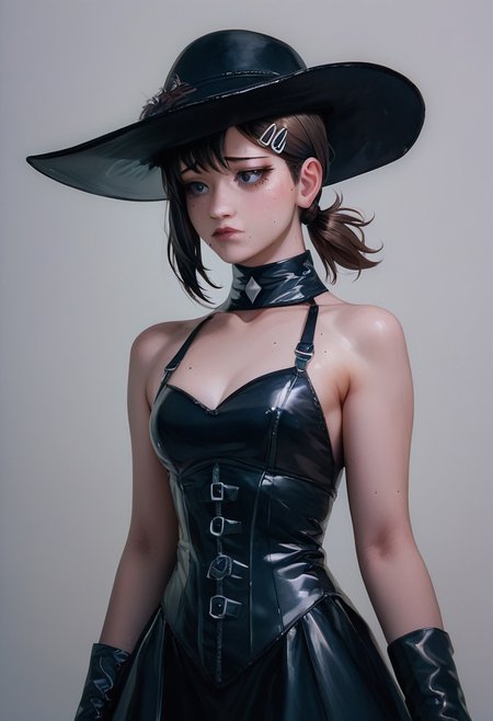 score_9, score_8_up, score_7_up, score_6_up,1girl, kobeni higashiyama, brown hair, ponytail, solo, wide angle, perfect body, slutty, aristo dress, black dress, black hat, feathered hat, long boots, leather black boots, corset, upper body,