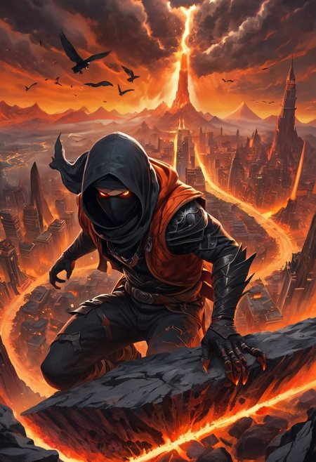 The beautiful city is in the belly of a volcano, 1boy, a ninja wearing a thick vest climbs the walls of the mouth of the mountains, looking down on a cityscape in lava, hands and feet in a climbing pose, climb in the mountain rocks, action climbing pose in the wall, from above shot, close-up, ninja wearing scarf and vest, clad in flowing, future city ​​in the belly of a volcano, lava, obsidian rock, cityscape, future city, tall building, clock tower, tower, steam, glass, castle, road, crowd, groups of crows flying around, glowing, shiny, scifi, intricate artistic color, cinematic light, radiant, vibrant, perfect symmetry, Grayscale, Dramatic spotlight, highly detail, Hyperrealistic 8k resolution Incredible details A masterpiece,