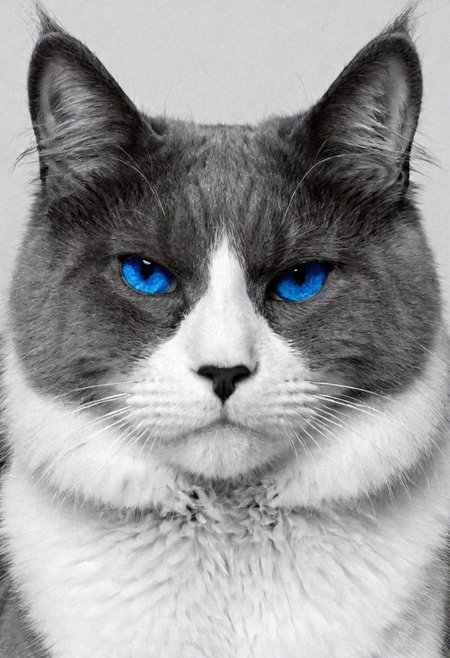 cats face, (Black and white image, blue Accent)