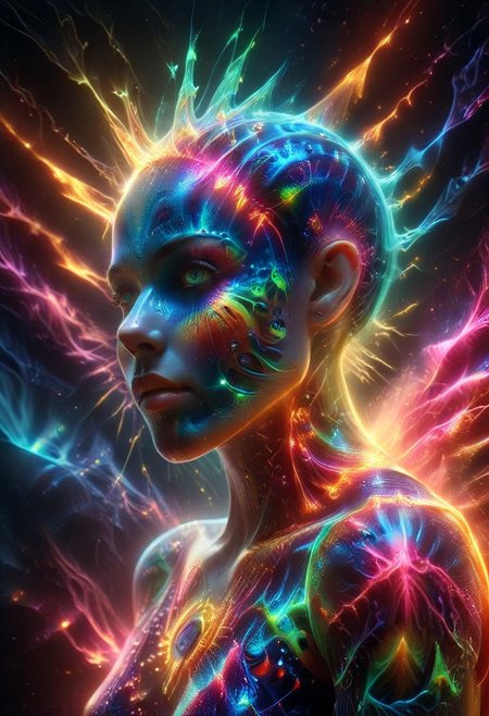 a full body fire entity girl with multicolored flames, purple and blue lights, green and blue flames, pink energy electric eyes, professional photography of an fantastical creature, young woman, shaved head Finely detailed, in a solarpunk environment, looking at viewer, solo, headwear removed, realistic, night blue sky, own hands, spooky makeup, entirely made of stars and galaxies, cyber light trails with whimsical elements, swirling magic, eerie fairytale landscape, elaborate fantasy style art, very colorful, intricate details, ultra sharp, exquisite detail, flawless composition, vivid colors, masterpiece, exciting background, psychedelicai, made out of,colorful,liquid,Murano Art Glass, GlowingInk, mad-glowtiedye, glowneon, glowing, sparks, lightning