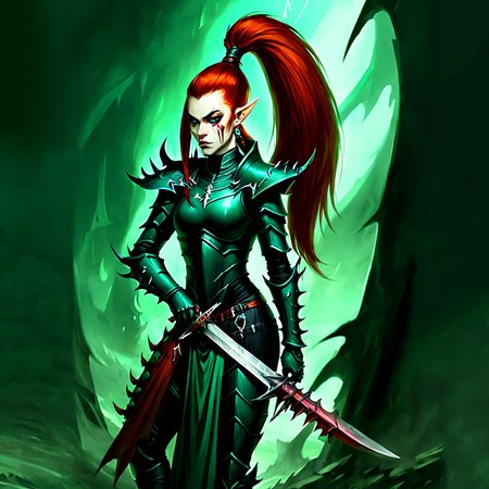 <lora:aeldari_xl_7:1> aeldari, drukhari, standart drukhari, drukhari's armor, 1girl, solo, long hair, hair ornament, ponytail, weapon, red hair, pointy ears, sword, hand on hip,  knife, shoulder armor, pauldrons, breastplate, dagger,  armor