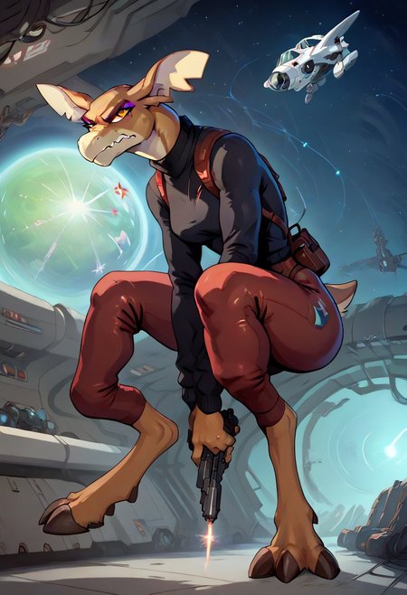 score_9, score_8_up, score_7_up, score_6_up, score_5_up, score_4_up, masterpiece,sexy girl, Stith_Titan_AE,  ((scifi,spaceship, gun turret, shooting turret)),levitating,  floating in space, angry expression, femdom, black sweater, thick thighs,anthro,spacesuit, jewelry, full body view, (determined), pink makeup,side view, close up view,solo