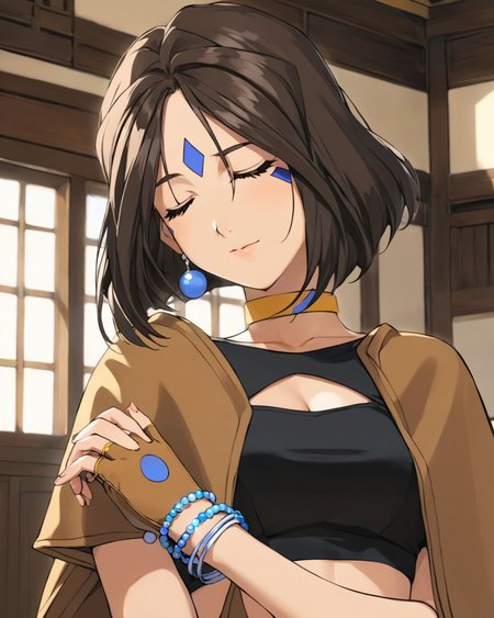 <lora:peroth_xl:0.8> masterpiece, 1girl, brown hair, medium hair, navel, closed eyes, black top, brown cape, brown fingerless gloves, blue facial mark, forehead mark, earrings, bracelet, yellow choker, own hands together, indoors,