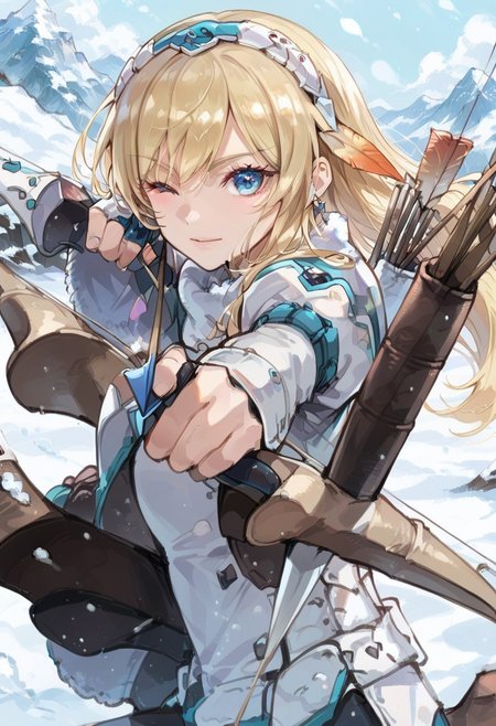 score_9, score_8_up, score_7_up,
source_anime,
BREAK 
1girl, blonde hair, bangs,earring,sidelocks,blue eyes,
smile,happy,
one eye closed,
BREAK 
barioth x armor, white helmet, white boots, white gauntlets,
(holding_bow_(weapon):1.2, aiming_at_viewer, aiming, holding arrow, arrow_(Projectile),
outdoor,snow, mountain,
upper body,
looking at viewer