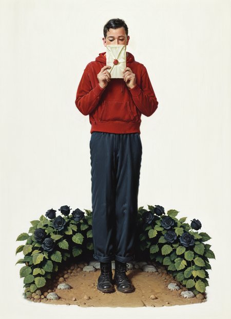 masterpiece, best quality, amazing quality, very aesthetic, absurdres, realistic, photorealistic, norman rockwell,

(1boy, solo, black hair:1.1), short hair, red hoodie, black jeans, black boots, ankle boots,

full body, standing, facing viewer,

black rose, rose background, rose bush, overgrowth, hedge, leaf, simple background, white background,

holding envelope, covering own mouth, skinny, ground, dirt, pebble