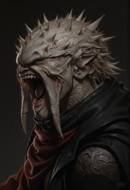 the Mokosh is an ancient, mythical creature, with long fangs, spikes, protruding from its head staring at you with old soulless eyes, skin like engraved stone where every grove tells a story. its presence demands respect  and loyalty, head and shoulder portrait, hyperdetailed, 8k resolution concept art, WLOP, Moebius, H.R. Giger, Royo, muddy, dark colors, minimal lighting, hyperrealism, digital illustration, intricate,( vapor:0.9), dorian cleavenger, brom, hyperrealism, digital illustration, horror, dark environment, (&:0)t  (photography, high-resolution, dynamic, energetic,hyper-realistic, dramatic lighting, shallow depth of field.)