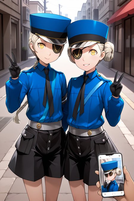 2girls,
CarolinePersona, JustinePersona,
general, side-by-side, pov hands, half body,
eyepatch, eyepatch over the left eye, police hat,
blue shirt, black gloves, black necktie, grey belt, black shorts,
looking at viewer, smile, v,  taking picture,male hand,
street,
<lora:kp_CarolineAndJustinePersonaIllustrious_v1_0:1.0>,
masterpiece, best quality, amazing quality
