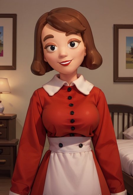 ((bedroom background)),score_9, score_8_up, score_7_up,score_6_up, 
1girl, Solo, BlobertaP_MO, light skin, brown hair, short hair, black eyes, red lips, brown eyebrows, big eyes, long red dress with sleeves, white apron for waist, black flat shoes, medium stature, social smile, sexy face, cowboy shot, perfect eyes, perfect smile, looking at the viewer, big breasts, detailed eyes, perfect eyes, very close-up
