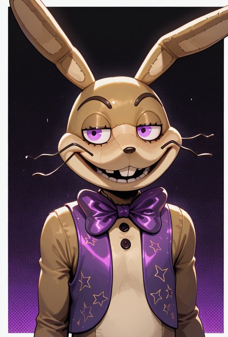 <lora:glitchtrap-04:1> glitchtrap, smile, purple bowtie, purple vest, , furry, 1boy, rabbit ears, masterpiece, best quality, amazing quality, very aesthetic, absurdres, newest,, upper body, halftone effect, white borders, abstract background:1.2,