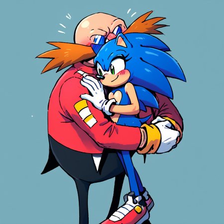 ((Dr Eggman hugging Sonic the Hedgehog)), ((HMOAF)), score_9, score_8_up, head tilt, hug, ((size difference)), ((hugging)), high resolution, cute, ((perfect face, perfect anatomy, good anatomy, proper anatomy)), easynegative, ((bald human male hugging blue anthro female hedgehog)), blushing, (side by side)

[((Dr Eggman)), Eggman, 1boy, 1man, gloves, glasses, white gloves, facial hair, round eyewear, mustache, bald head, red military jacket, tall male, ((fat male, fat eggman)), smirk, handsome male, smug blushing eggman]

((short female furry blue hedgehog)), 1girl, 1woman, (female Sonic), Sonic_the_Hedgehog, female sonic the hedgehog, blue fur quills, green eyes, featureless chest, detailed fur, white gloves, (small sonic), small chest, red sneakers