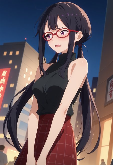 score_9, score_8_up, score_7_up, anime screencap, source_anime, 1girl, solo,
<lora:Koto_Tsukinoki_Makeine_V1:.85>, KJOkoto, black hair, purple eyes, long hair, low twintails, red glasses, 
turtleneck, bare shoulders, checkered skirt, 
hands between legs, looking to the side, blush, open mouth, embarrassed, dutch angle, 
city, night, skyscraper, street, 
(Beautiful, medium Breasts:1.2),