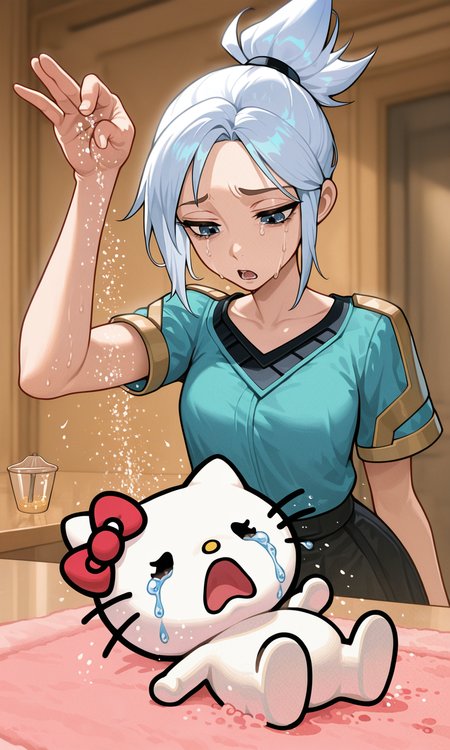 embedding:IllusP0s, hello kitty, standing, sprinkling salt, 1other, 1girl, open mouth, crying, jett_\(valorant\), laying,<lora:sprinkling salt_illustrious.safetensors:1.0:1.0>